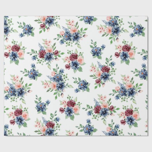 Pastel Roze Burgandy Blauwe Bloemen Cadeaupapier (Vlak)