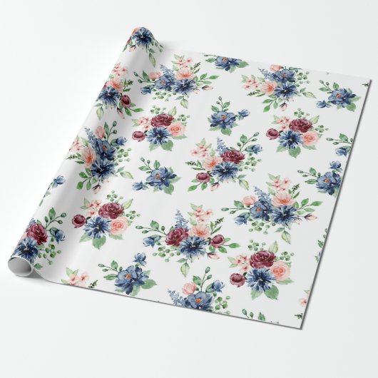 Pastel Roze Burgandy Blauwe Bloemen Cadeaupapier (Uitgerold)