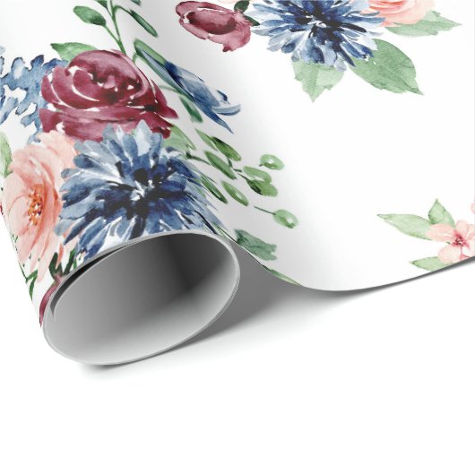 Pastel Roze Burgandy Blauwe Bloemen Cadeaupapier (Rol Hoek)