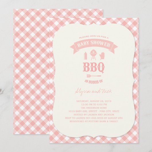 Pastel Roze Checks BBQ Chic Meisje Baby shower Par Kaart (Voorkant / Achterkant)