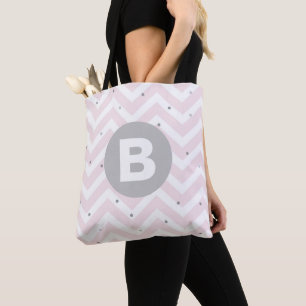 Pastel Roze Chevron en Stippen Grijs Monogram Tote Bag