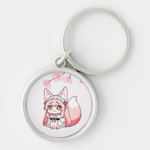 Pastel Roze Chibi VosMeisje met Kersenbloesem Sleutelhanger