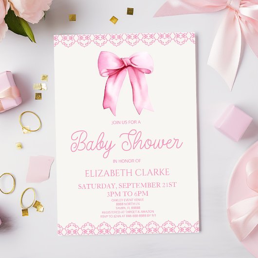 Pastel Roze Coquette Bow Baby shower Uitnodiging