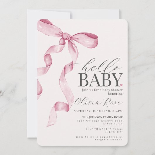 Pastel Roze Coquette Bow Meisje Baby shower Invite (Voorkant)