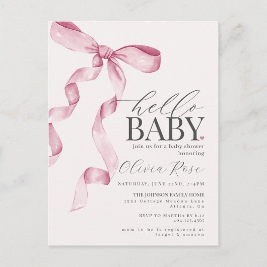 Pastel Roze Coquette Bow Meisje Baby shower Invite Briefkaart (Voorkant)