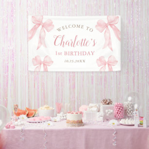 Pastel Roze Coquette Strik Meisje 1e Verjaardag Spandoek