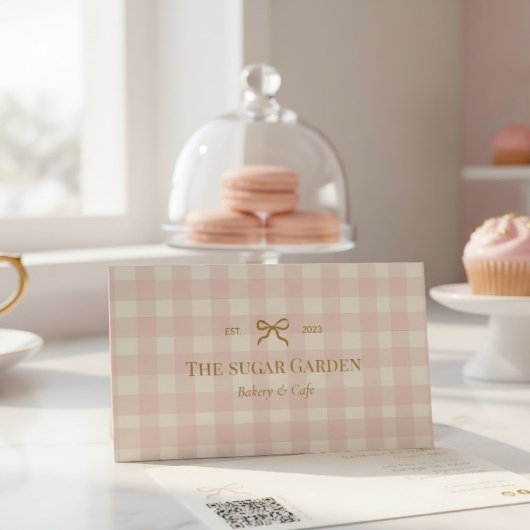 Pastel Roze Crème Gingham QR-code Bakkerij Visitekaartje