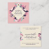 Pastel roze crème script boho bloemenillustratie vierkante visitekaartje (Voorkant / Achterkant)