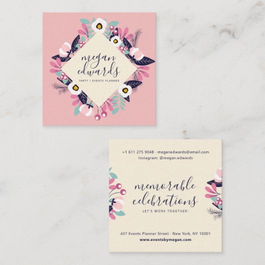 Pastel roze crème script boho bloemenillustratie vierkante visitekaartje (Voorkant / Achterkant)