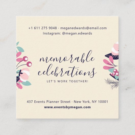 Pastel roze crème script boho bloemenillustratie vierkante visitekaartje (Achterkant)