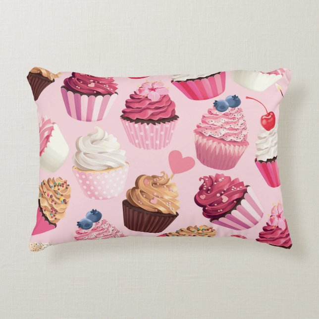 Pastel roze cupcakes:  patroon. accent kussen (Voorkant)