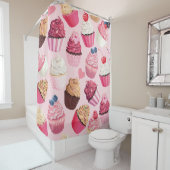 Pastel roze cupcakes:  patroon. douchegordijn (In situ)