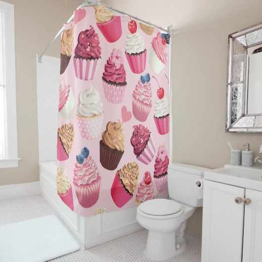 Pastel roze cupcakes:  patroon. douchegordijn (In situ)