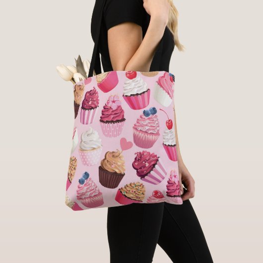 Pastel roze cupcakes:  patroon. tote bag (Dichtbij)