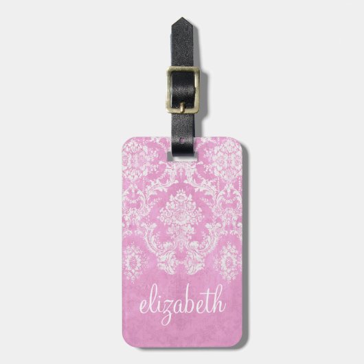Pastel roze Damask Pattern Grungy Fins Bagagelabel (Voorkant verticaal)