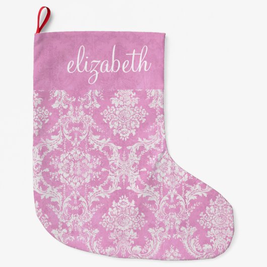 Pastel roze  Damask Pattern Grungy Fins Grote Kerstsok (Voorkant)