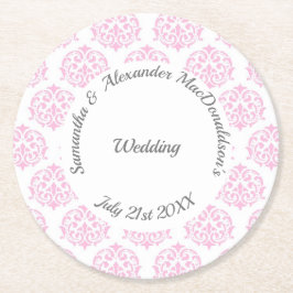Pastel roze damast bruiloft ronde kartonnen onderzetter