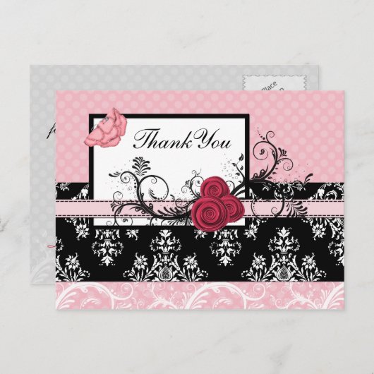 pastel roze damast polka dots Dank u Briefkaart (Voorkant / Achterkant)