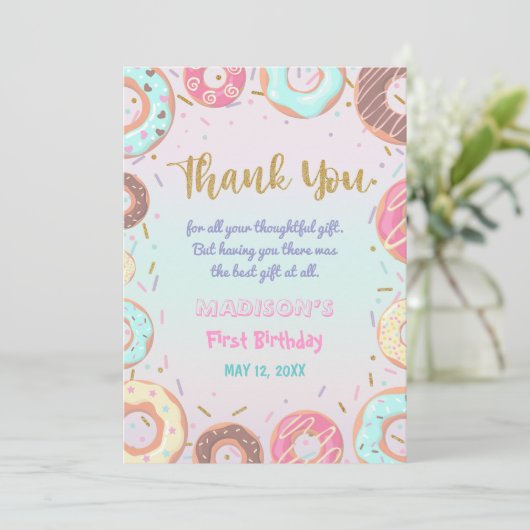 Pastel Roze Donut Birthday Donut Groei op Partij Bedankkaart (Staand voorkant)