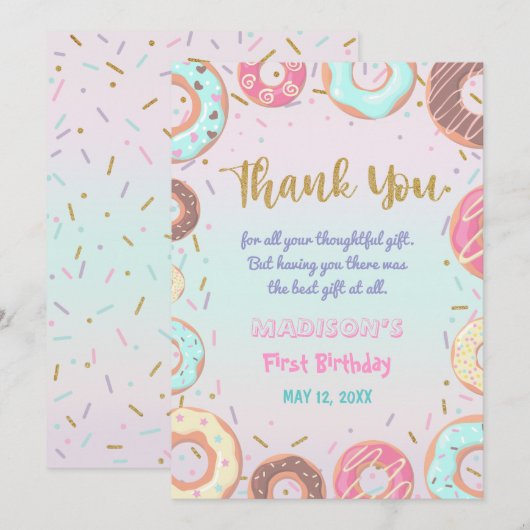 Pastel Roze Donut Birthday Donut Groei op Partij Bedankkaart (Voorkant / Achterkant)