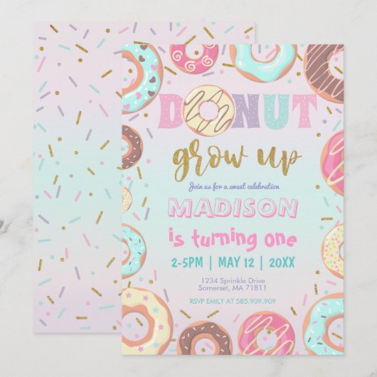 Pastel Roze Donut Birthday Donut Groei op Partij Kaart (Voorkant / Achterkant)