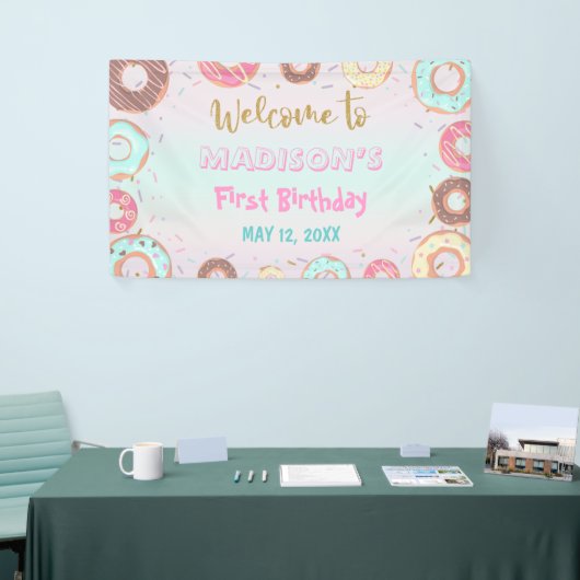 Pastel roze donut Birthday Groei op partijachtergr Spandoek (Beurs)