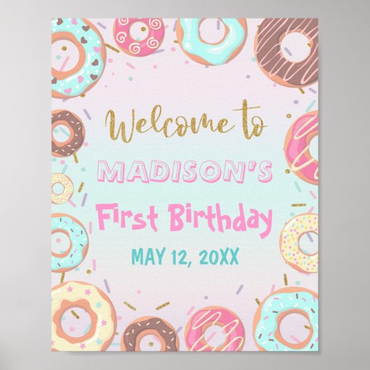 Pastel Roze Donut Birthday Groei Up Party Welkom Poster (Voorkant)