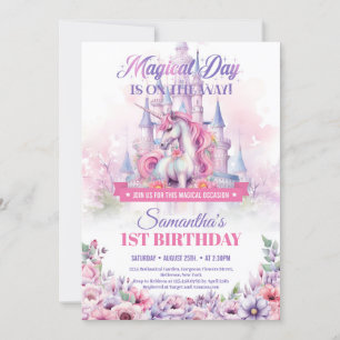 Pastel Roze Eenhoorn en Fairy Castle 1e Verjaardag Kaart
