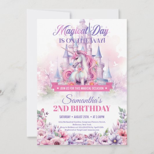 Pastel Roze Eenhoorn en Sprookjeskasteel 2e Verjaa Kaart (Voorkant)