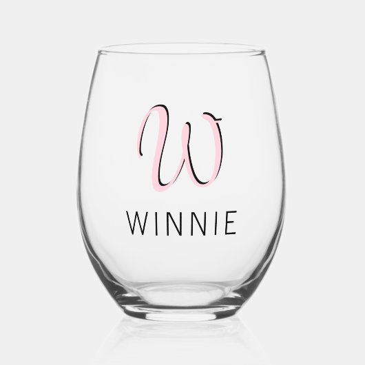 Pastel Roze Elegant Initiaal Zwart Naam | Modern Wijnglas Zonder Voet (Voorkant)