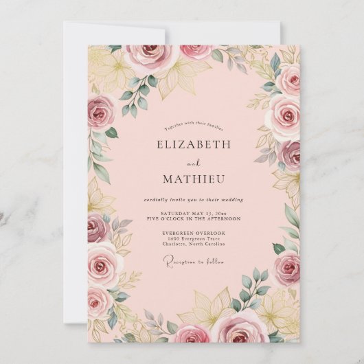 Pastel Roze Elegante Rozen Bruiloft Kaart (Voorkant)
