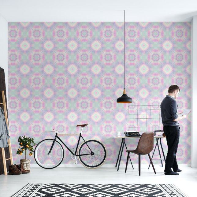 Pastel roze en aqua geometrische Waterverf Behang (Woonkamer)
