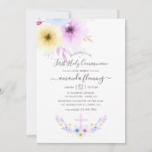 Pastel Roze en Blauw Bloemen Eerste Heilige Commun Kaart (Voorkant)