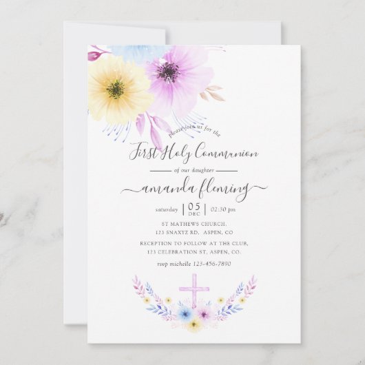 Pastel Roze en Blauw Bloemen Eerste Heilige Commun Kaart (Voorkant)