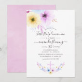 Pastel Roze en Blauw Bloemen Eerste Heilige Commun Kaart (Voorkant / Achterkant)