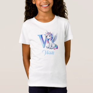 Pastel roze en blauw Eenhoorn letter V monogram T-shirt