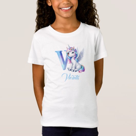 Pastel roze en blauw Eenhoorn letter V monogram T-shirt (Voorkant)