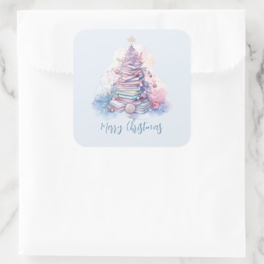 Pastel roze en blauw gestapelde boeken kerstboom vierkante sticker (Tas)