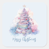 Pastel roze en blauw gestapelde boeken kerstboom vierkante sticker (Voorkant)
