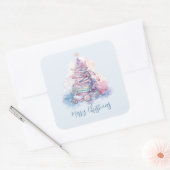 Pastel roze en blauw gestapelde boeken kerstboom vierkante sticker (Envelop)