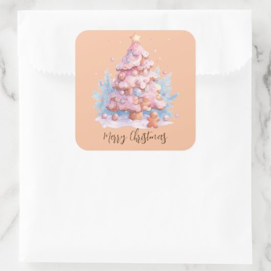 Pastel Roze en Blauw Gingerbread Kerstboom Vierkante Sticker (Tas)