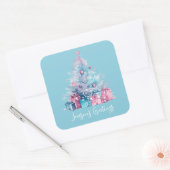 Pastel roze en blauw grillige kerstboom vierkante sticker (Envelop)