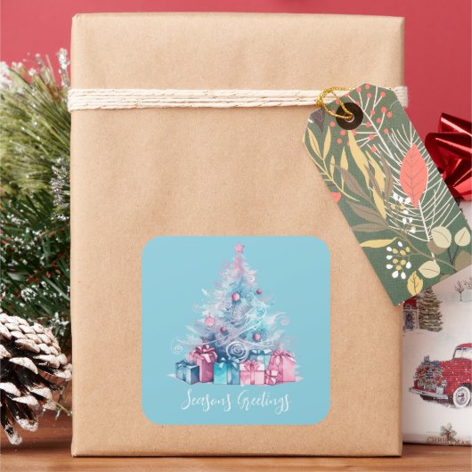Pastel roze en blauw grillige kerstboom vierkante sticker (Feestdagen)