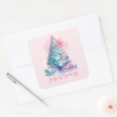 Pastel roze en blauw grillige kerstboom vierkante sticker (Envelop)