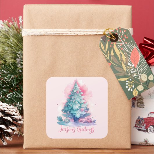 Pastel roze en blauw grillige kerstboom vierkante sticker (Feestdagen)
