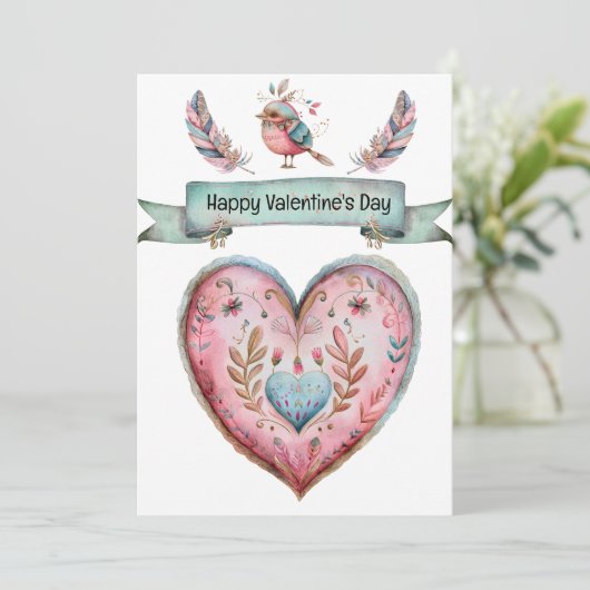 Pastel roze en blauw hart feestdagenkaart (Staand voorkant)