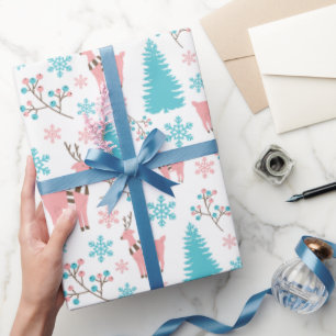 Pastel Roze en Blauw Rendier Wonderland Wit Cadeaupapier