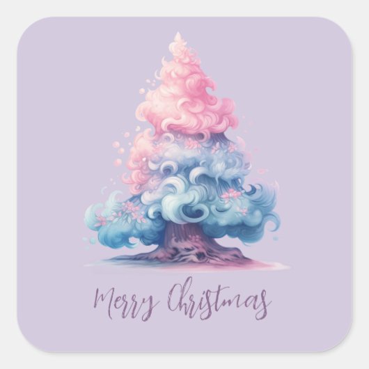 Pastel Roze en Blauw Swirly Wind Kerstboom Vierkante Sticker (Voorkant)