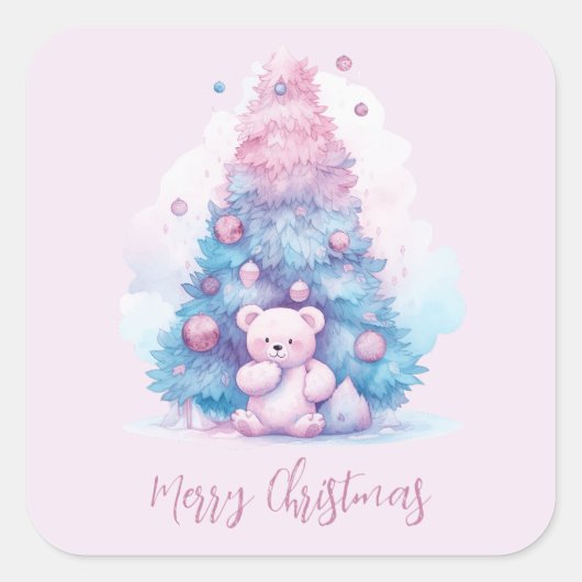 Pastel Roze en Blauw Teddybeer Kerstboom Vierkante Sticker (Voorkant)