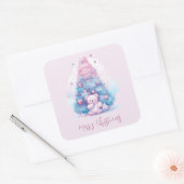 Pastel Roze en Blauw Teddybeer Kerstboom Vierkante Sticker (Envelop)